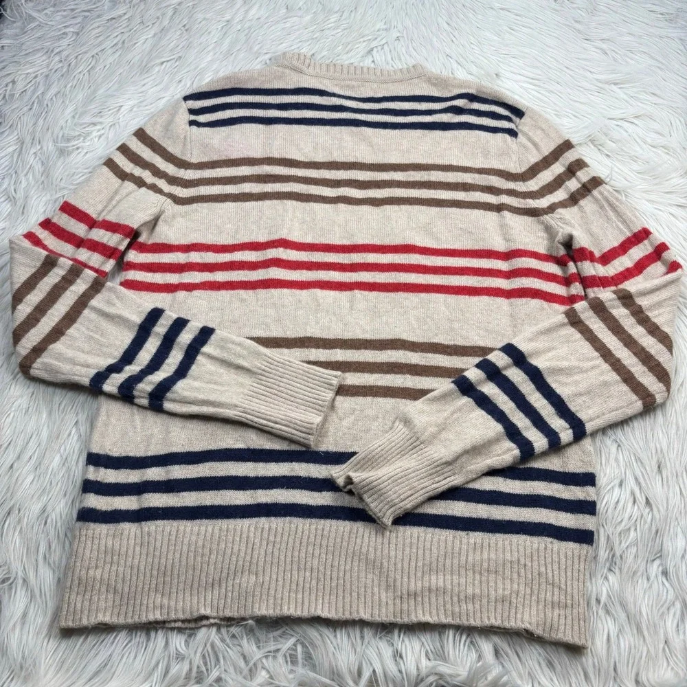 J.Crew Men's L Beige Red Navy Brown Striped Crew Sweater Wool Blend Preppy Retro